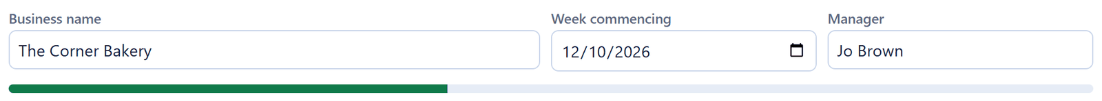 Business name, week commencing and manager fields of the online checklist
