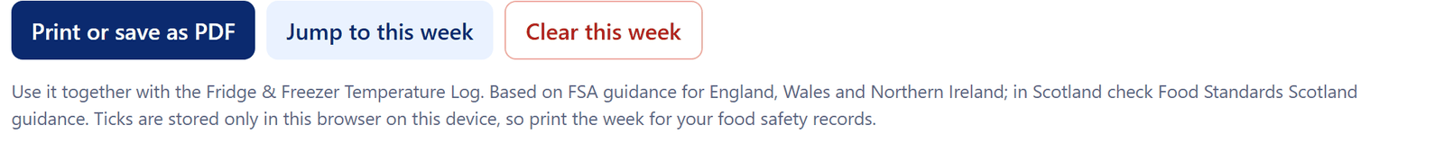 Print, jump to this week and clear buttons of the online checklist