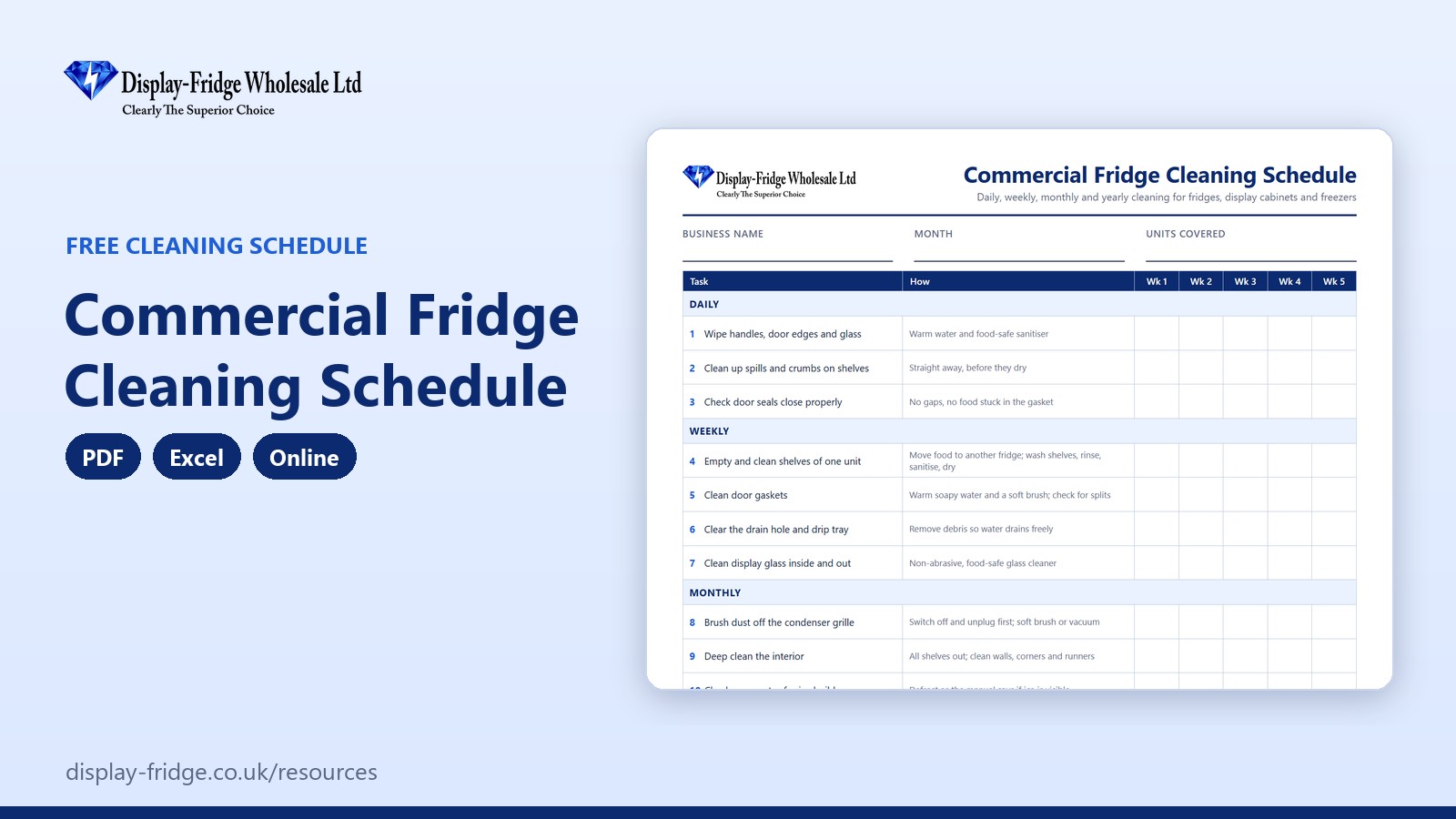 The printable PDF schedule: daily, weekly, monthly and yearly tasks.