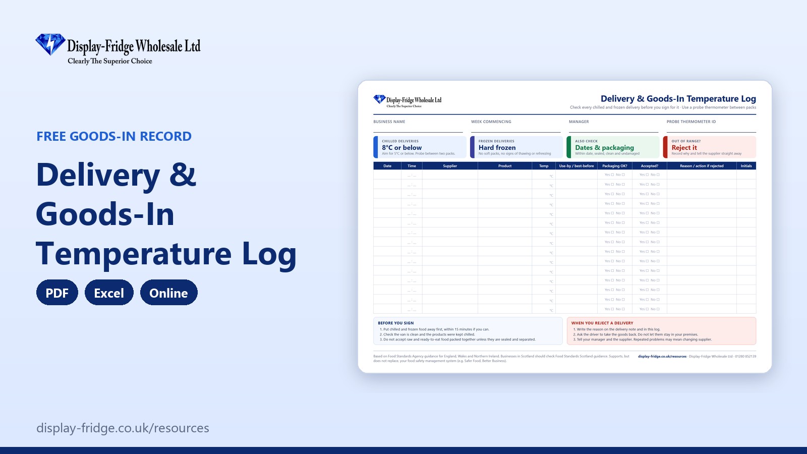 The printable PDF log: 15 deliveries per sheet, with the checks printed at the top.