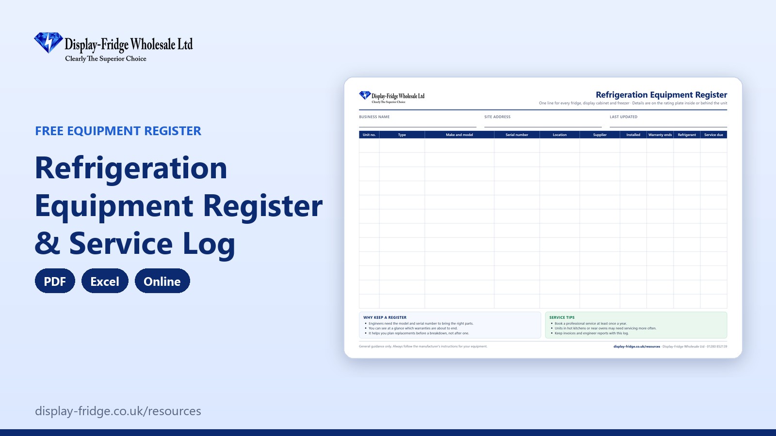 The printable PDF register: one line per unit, plus a service and repair history page.