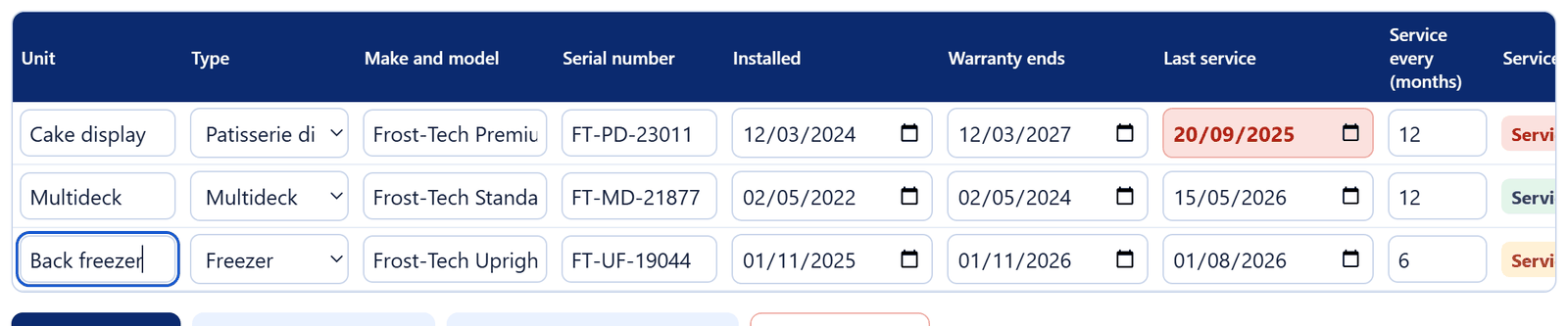 Three units: one service overdue, one warranty expired