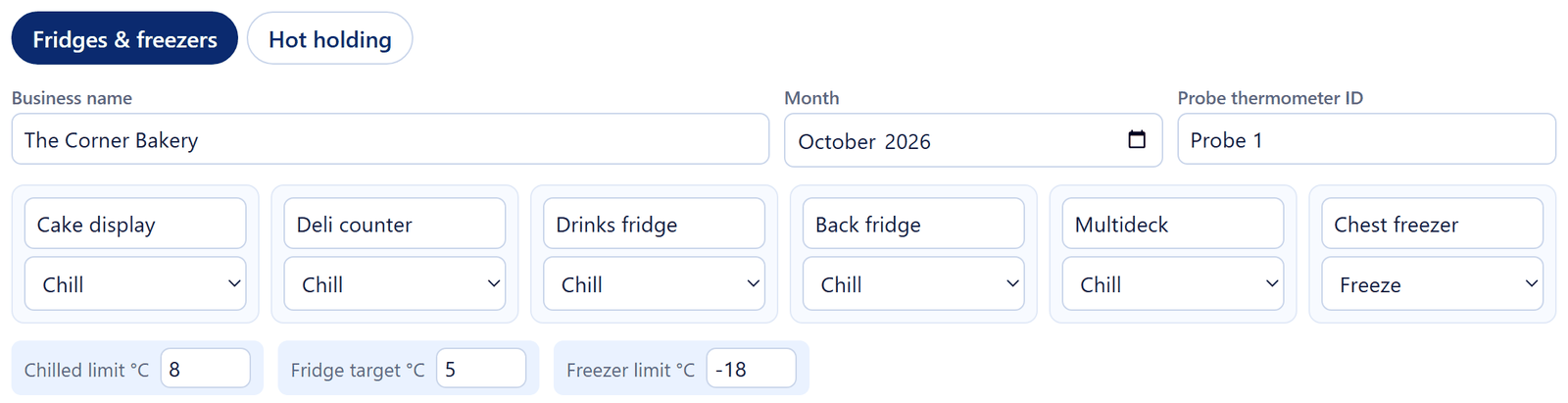 Setting up the online temperature log with unit names and types